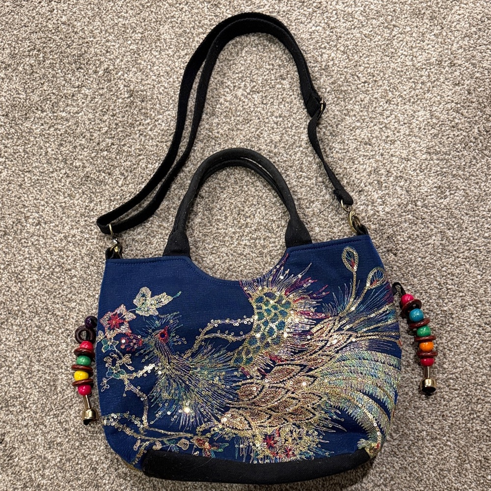 Elegant Blue Peacock Embroidered Shoulder Bag